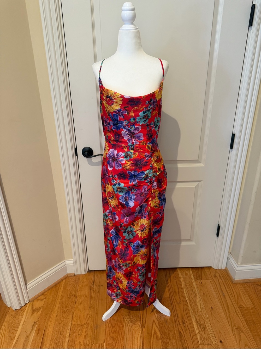 Milly Red Floral Slip Dress with Multicolor Blooms